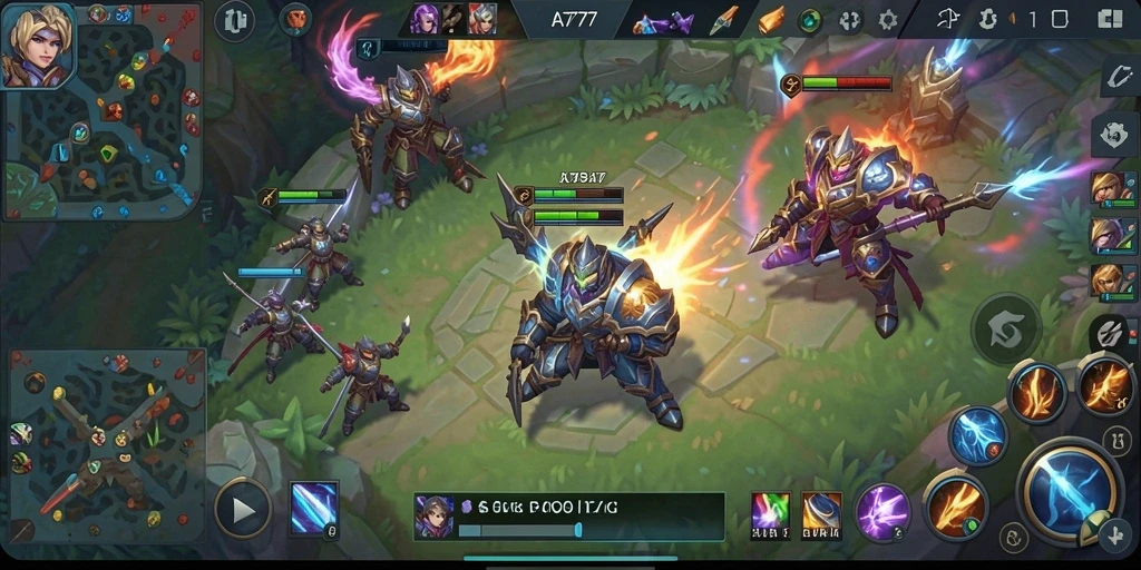 Screenshot A7777 menampilkan aksi seru dalam game MOBA.