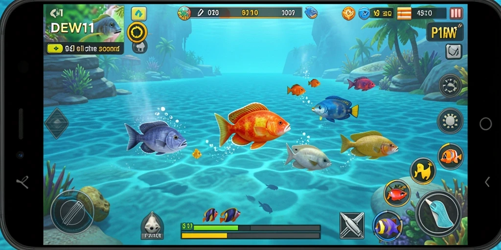 Gameplay seru DEWI11 saat menembak ikan berwarna-warni.