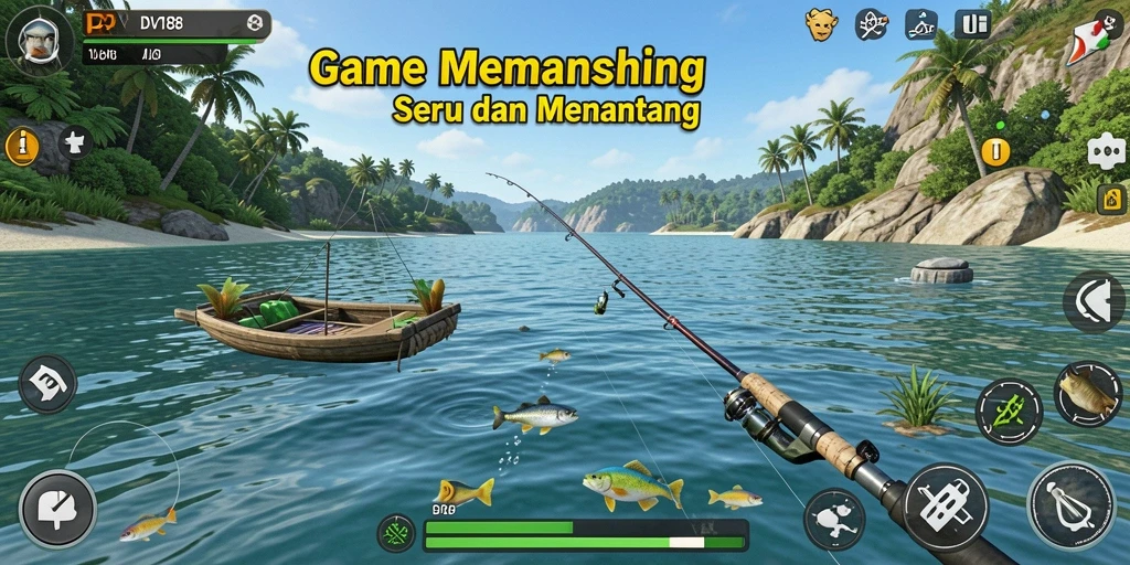 Tampilan gameplay DV188 dengan suasana memancing yang menenangkan.