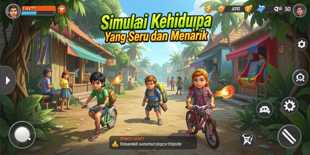 Tangkapan layar utama FAV77 menampilkan karakter dalam berbagai aktivitas simulasi.