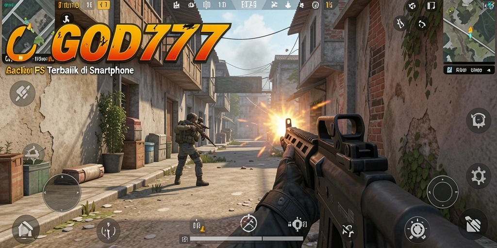 Screenshot utama GOD77 menampilkan aksi seru di battlefield FPS.