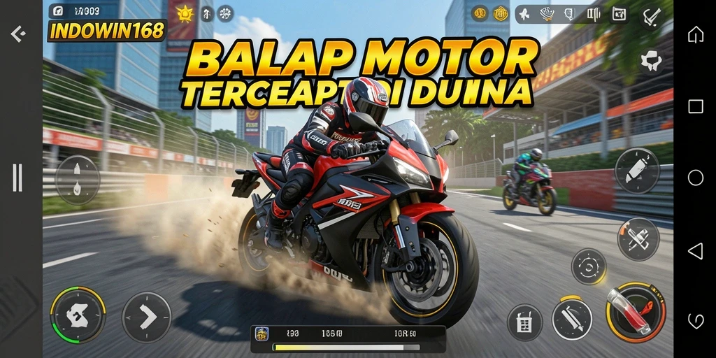 Screenshot gameplay INDOWIN168 menampilkan aksi balap motor yang mendebarkan.