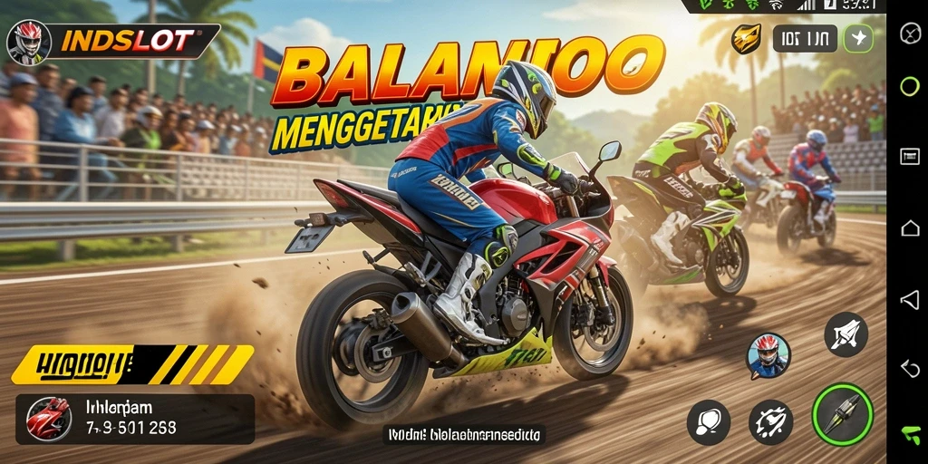 Gameplay mendebarkan dari INDSLOT dengan balapan motor yang cepat.