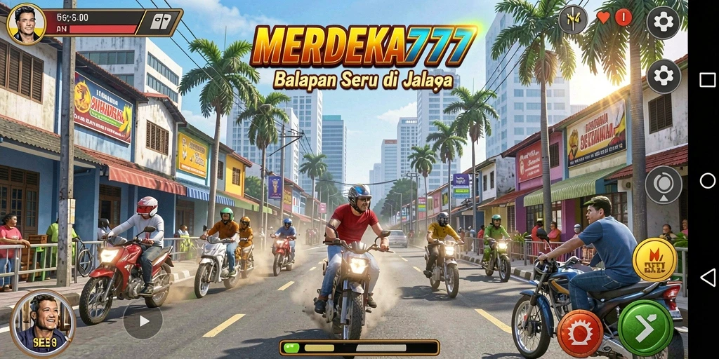 Tangkapan layar utama permainan MERDEKA777 yang menunjukkan aksi balapan yang seru.