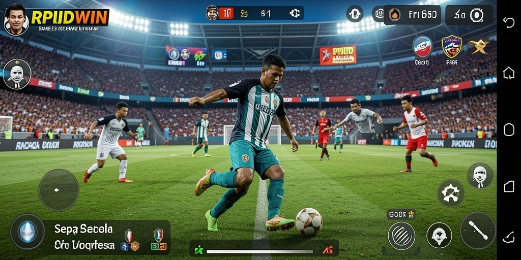 Screenshot RPIDWIN menampilkan aksi seru di lapangan sepak bola.