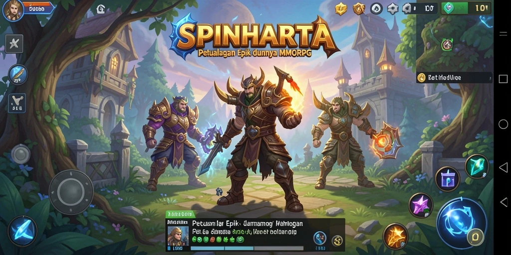 Screenshot utama SPINHARTA menampilkan pertarungan epik dalam dunia MMORPG yang luas.